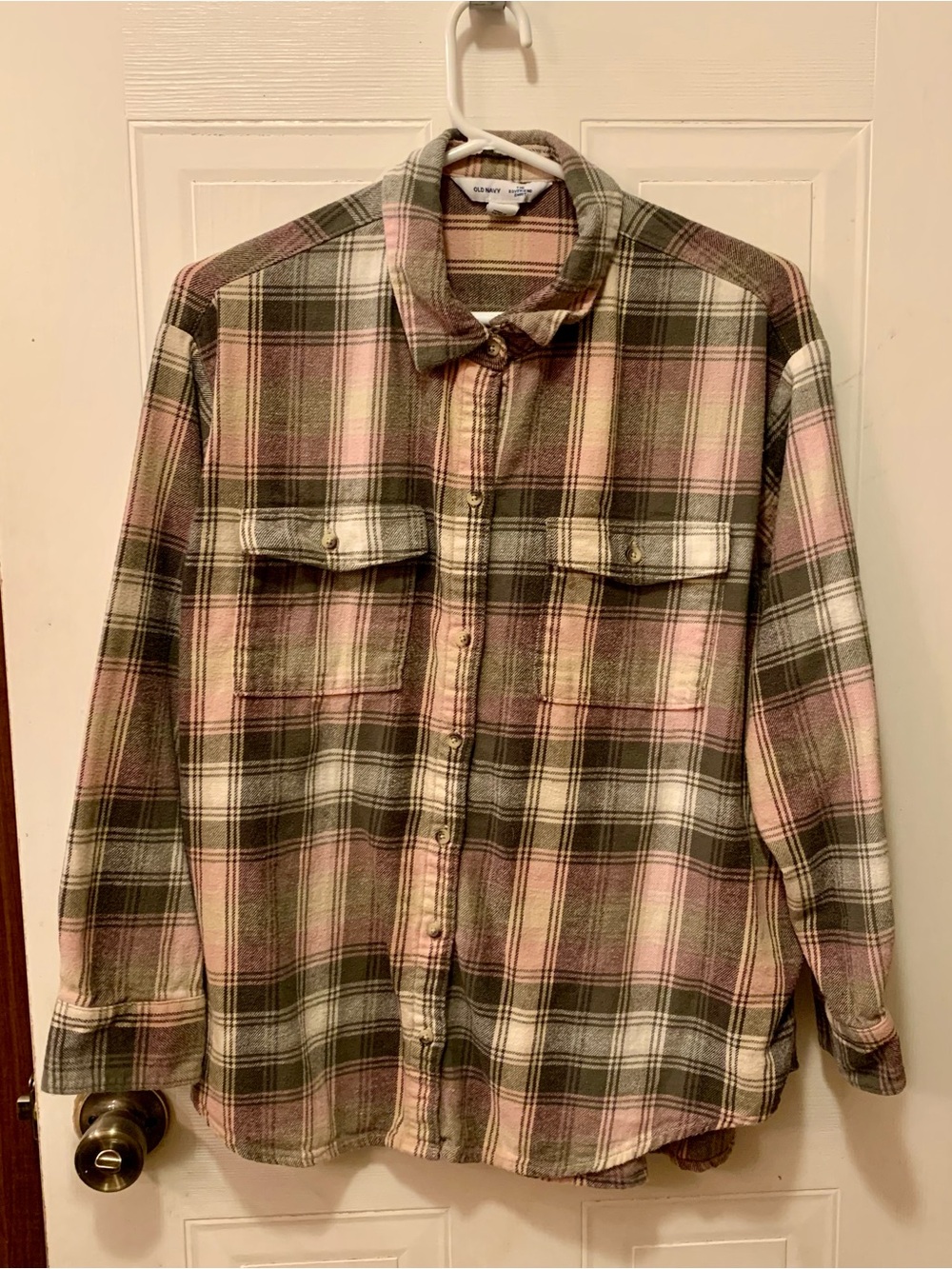 Old Navy Plaid Flannel "The Boyfriend Shirt" Pink & Olive Green, Size L